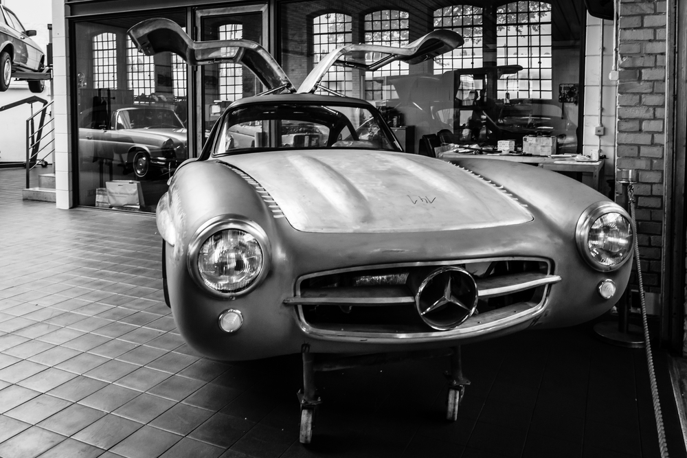 Mercedes Benz 300 SL black and white photo