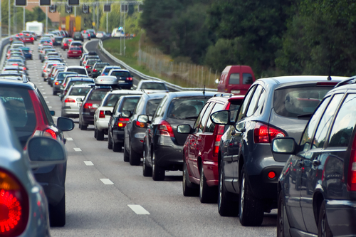 A traffic jam with rows of cars