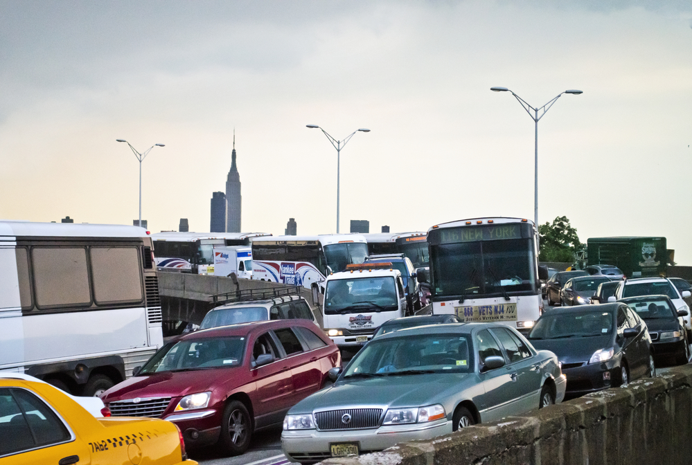 A traffic jam on the helix that leads to the Lincoln Tunnel.