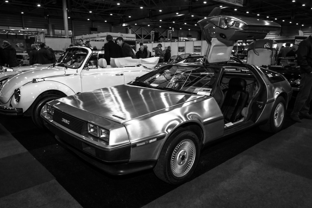 Sports car DeLorean DMC-12. Black and white. International Exhibition InterClassics & Topmobiel 2015