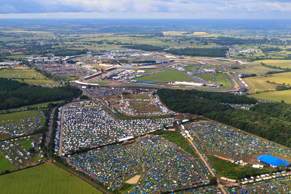 SILVERSTONE, UK - JULY 7: Aerial view of full campsites and adjacent Silverstone Circuit during Formula 1 Grand Prix weekend on July 7, 2012 in Silverstone.