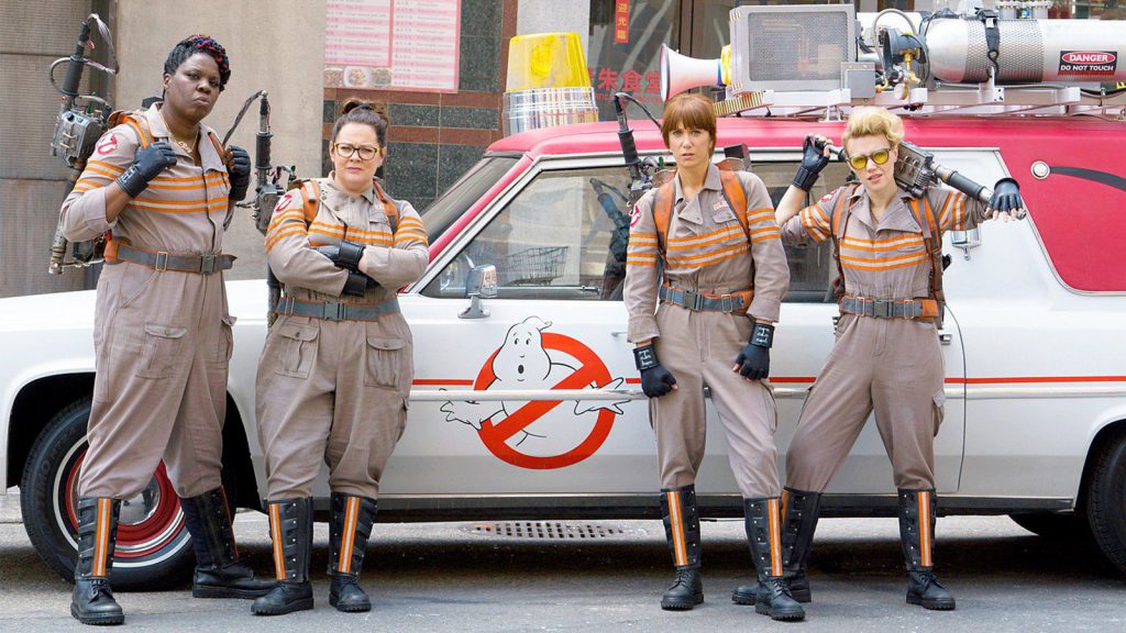 From Left to Right: Leslie Jones, Melissa McCarthy, Kristen Wiig and Kate McKinnon in "Ghostbusters" (2016). Courtesy of Sony Pictures Entertainment.