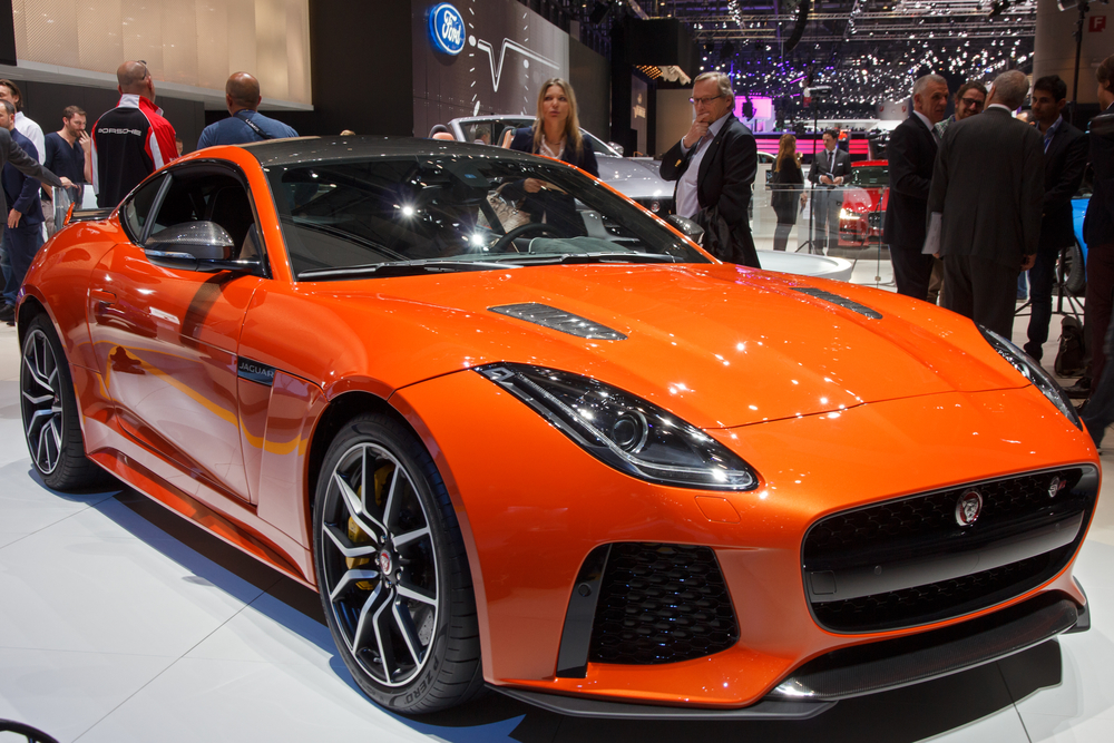 GENEVA, SWITZERLAND - MARCH 1, 2016: New 2017 Jaguar F-Type SVR Coupe presented at the 86th International Geneva Motor Show in Palexpo, Geneva.