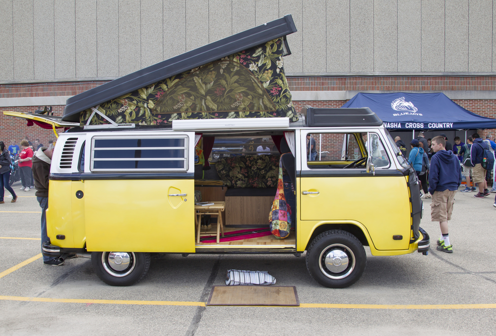 Side view of VW Westfalia Camper Bus at 7th Annual Car Show May 16, 2014 in Menasha, Wisconsin.