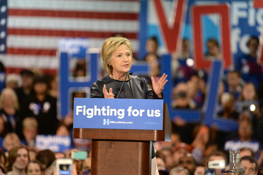 Saint Louis, MO, USA – March 12, 2016: Democratic presidential candidate and former Secretary of State Hillary Clinton campaigns at Nelson-Mulligan Carpenters’ Training Center in St. Louis.