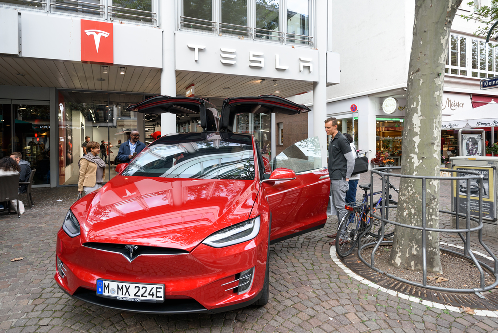 FRANKFURT, GERMANY - OCTOBER 08, 2016: Tesla machine shop in Frankfurt center. Tesla is an American public company designs, manufactures, and sells electric car