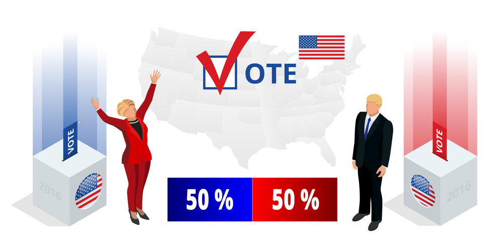 Us Election 2016 infographic Democrat Republican convention hall. Party presidential debate endorsement