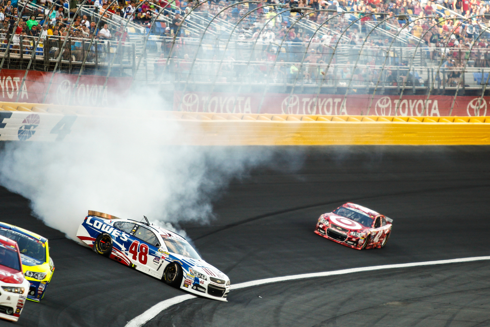 Jimmie Johnson (48) spins off turn 4 during the Coca-Cola 600 at Charlotte Motor Speedway in Concord, NC.