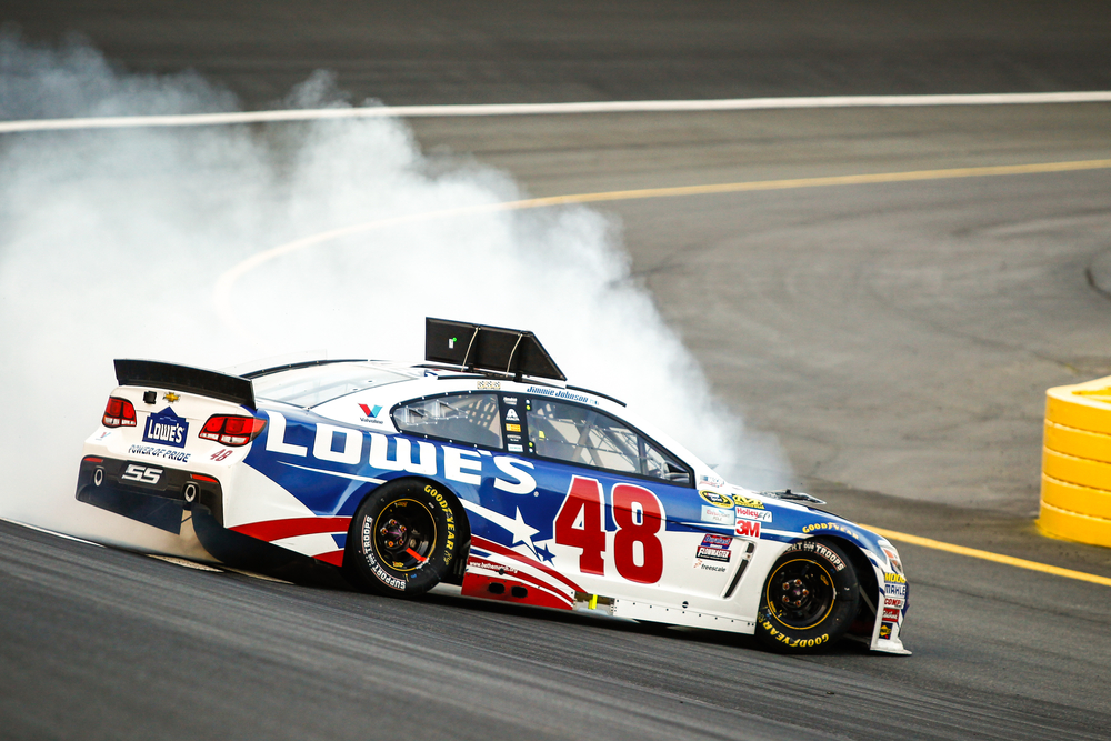 Jimmie Johnson (48) spins off turn 4 during the Coca-Cola 600 at Charlotte Motor Speedway in Concord, NC.