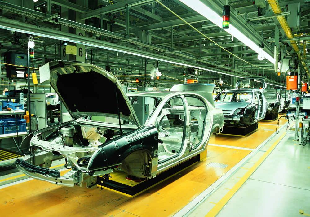 Unfinished automobiles in a car plant