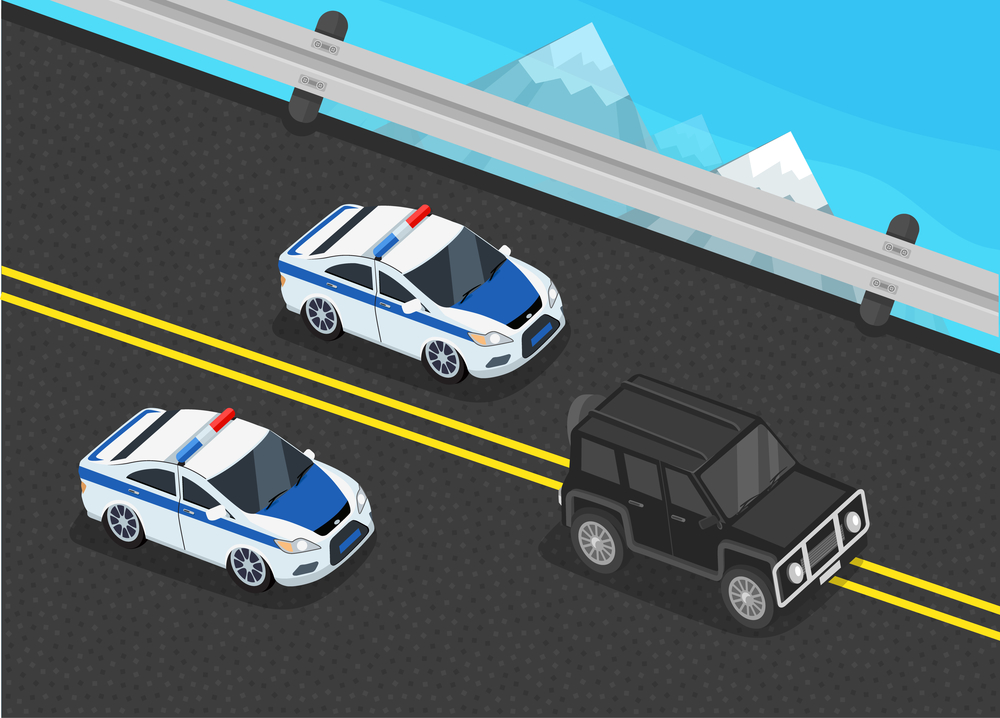 Isometric police motorcade car flat design. 3D police guard, motorcade escort, policeman in car, 3d cortege police car police protection, motorbike police patrol, transport famous safeguard