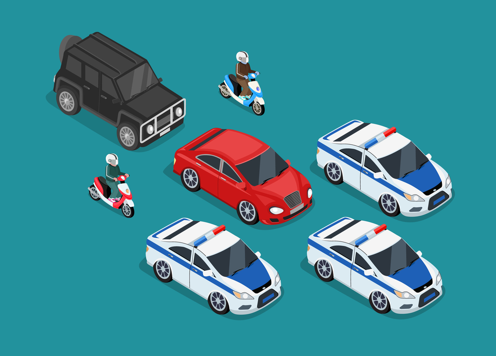 Isometric police motorcade car flat design. 3D police guard, motorcade escort, policeman on motorcycle, 3d cortege police car police protection, motorbike police patrol, transport famous safeguard