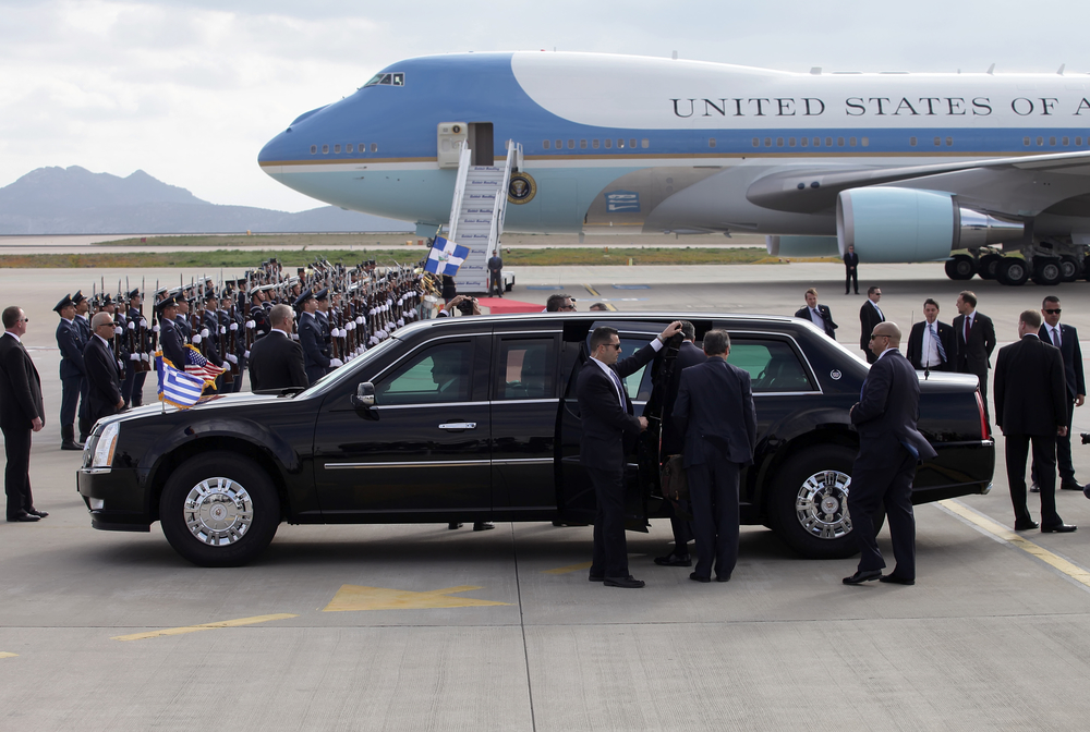 Athens, Greece, November 15, 2016: US Presidential State Car waits by Air Force One lands at the Athens International Airport Eleftherios Venizelos. President Barack Obama arrived in Greece