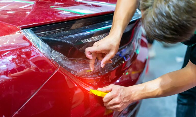 A man applying pain protection film to a car.