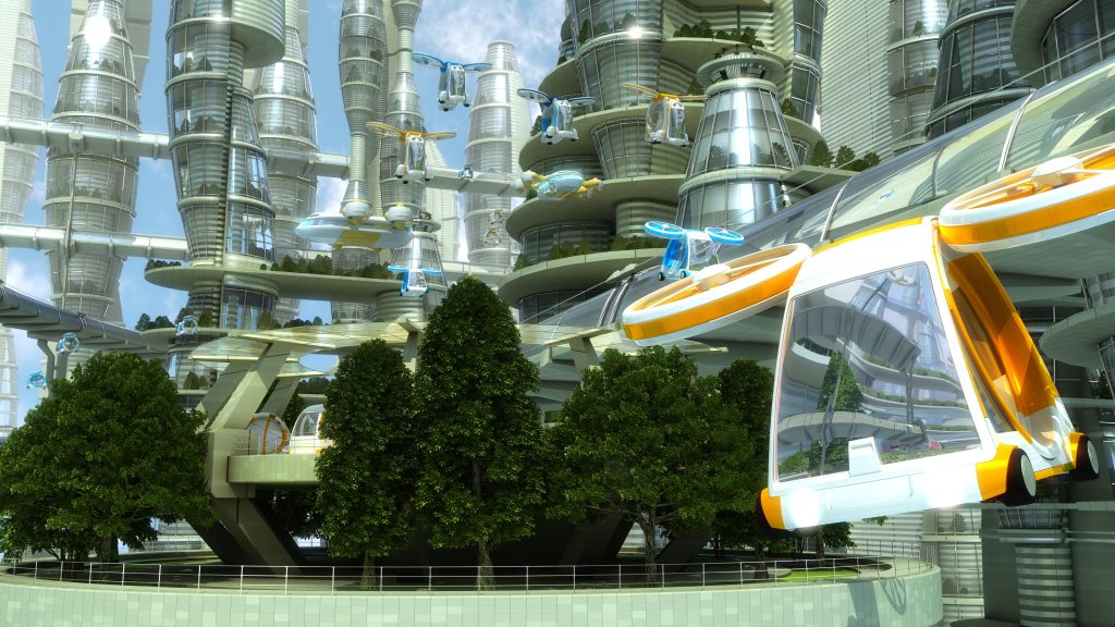 flying car in a future city