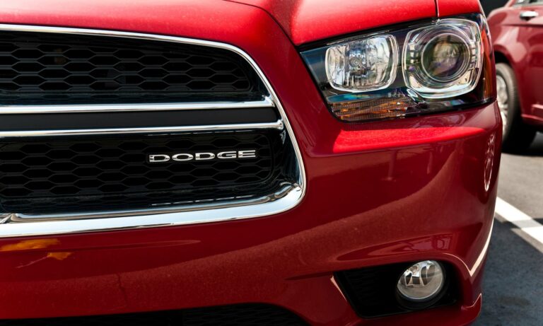 The front grill of a Dodge vehicle.