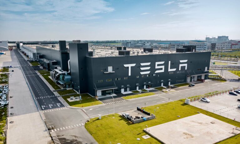 An aerial view of a Tesla car factory.