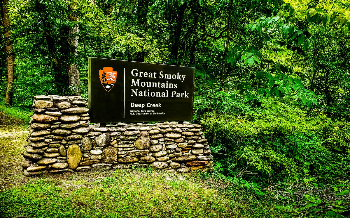 The Great Smoky Mountains National Park sign.