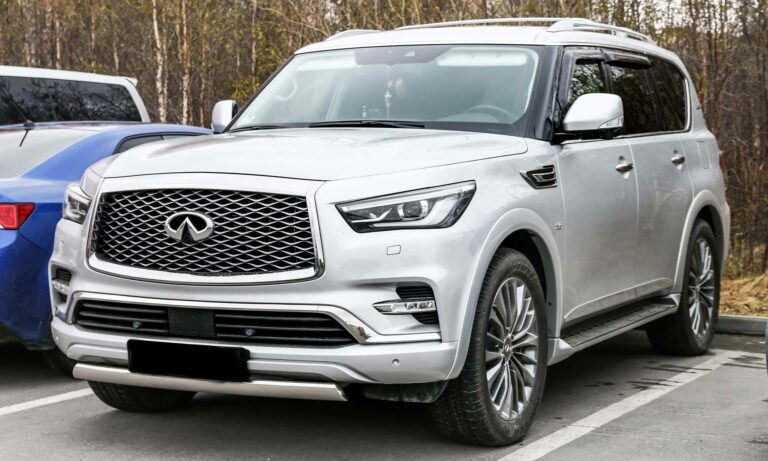 A picture of a silver 2019 Infiniti QX80 car in a parking spot.