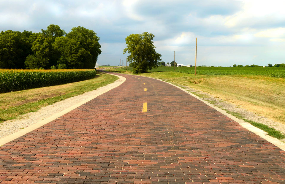 The historic brick road of Route 66, located near Auburn, Illinois.