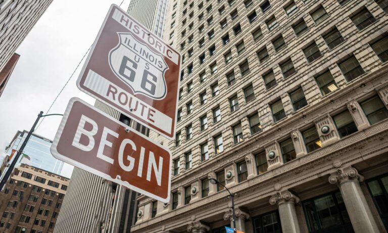 A sign signifying the start of the historic Route 66 in downtown Chicago, Illinois.