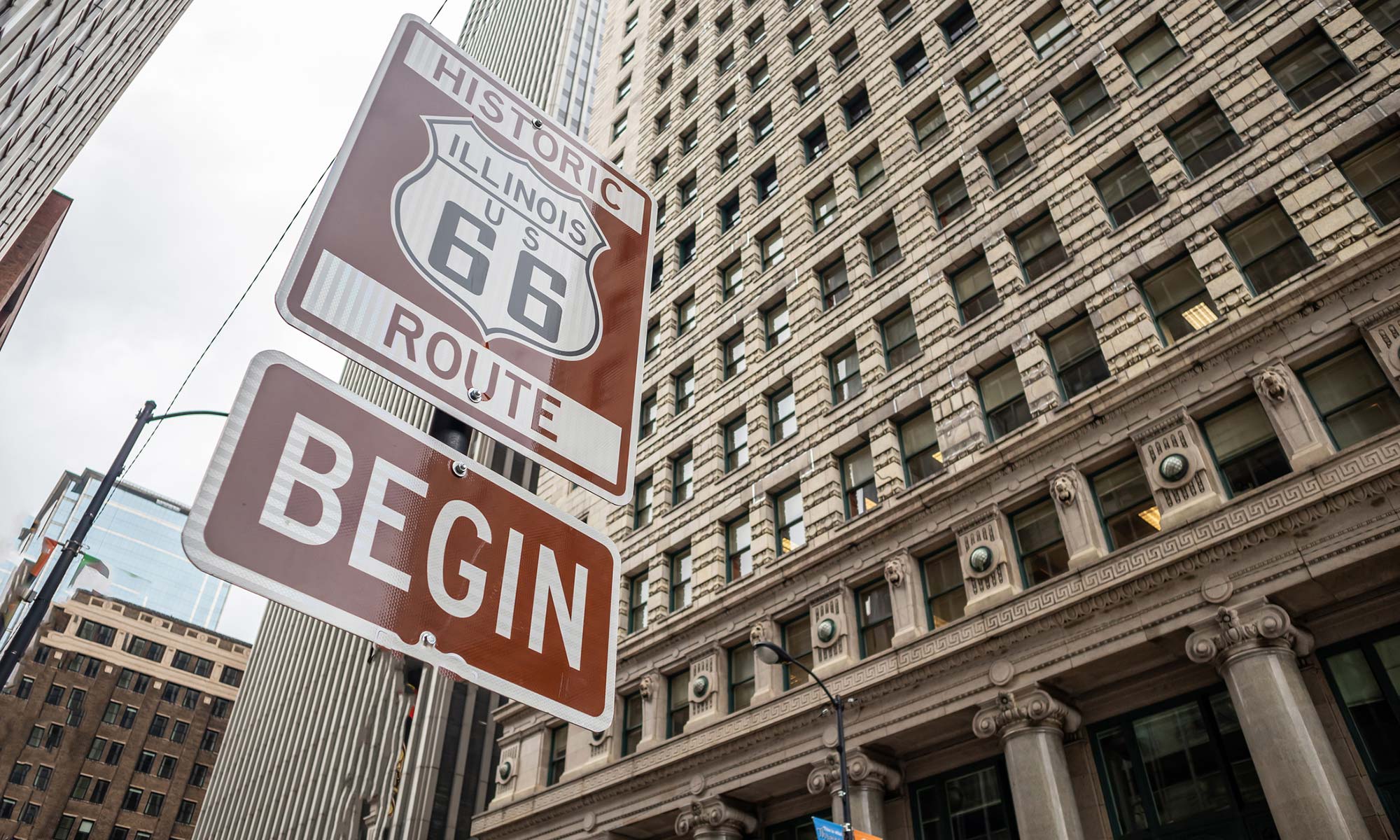 A sign signifying the start of the historic Route 66 in downtown Chicago, Illinois.