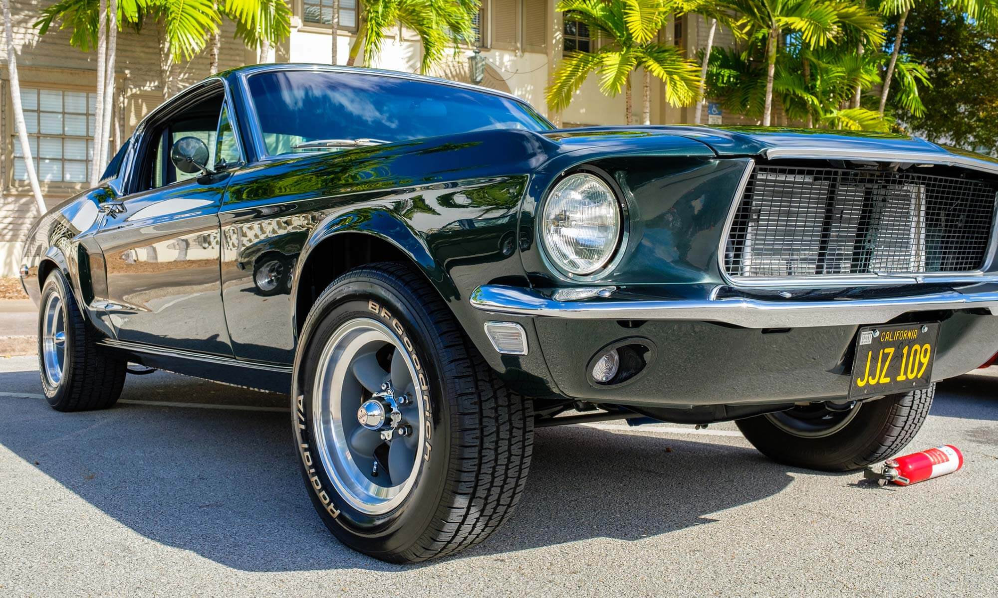 A close-up image of a vintage Ford Mustang.