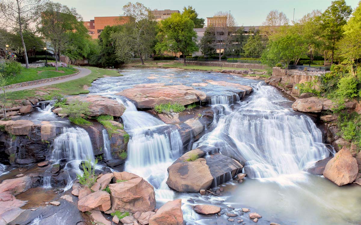 The view of Falls Park in Greenville, SC.