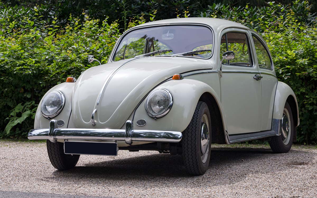 A white VW Beetle from the 60s.