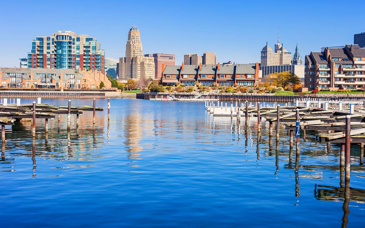 A view of downtown Buffalo, NY from a pier on Lake Erie.