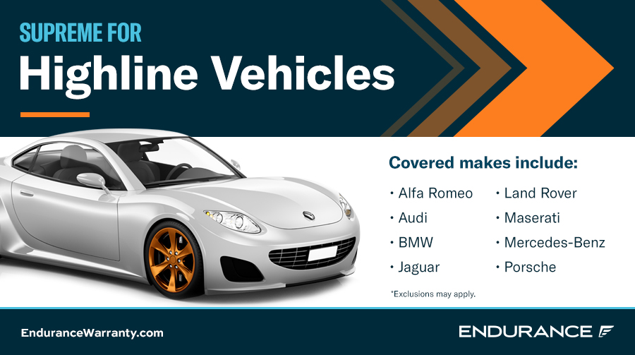 A chart listing off eligible makes of high-end luxury vehicles included in Endurance's Supreme for Highline Vehicles coverage plan, including Alfa Romeo, Audi, BMW, Jaguar, Land Rover, Maserati, Mercedes-Benz and Porsche.