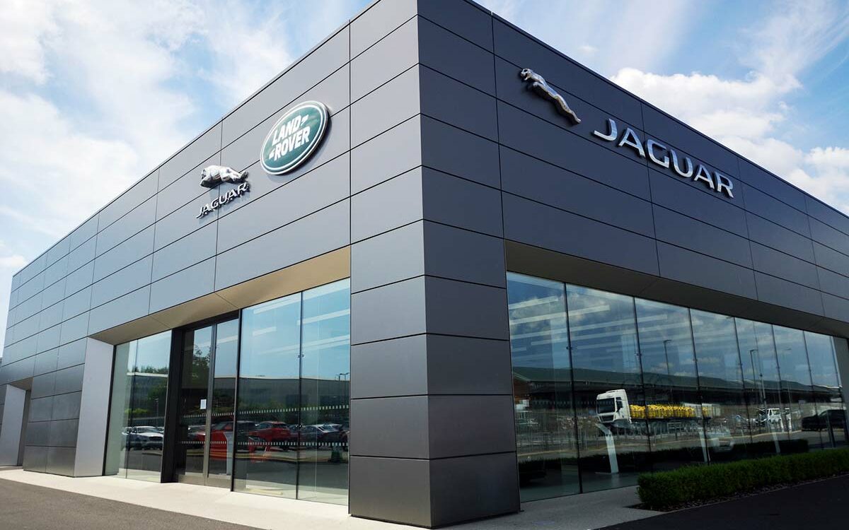 The outside of a Jaguar/Land Rover car dealership.