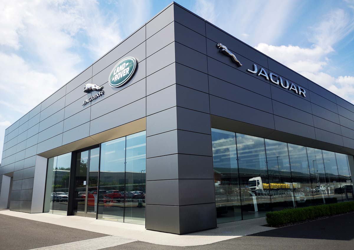 The outside of a Jaguar/Land Rover car dealership.