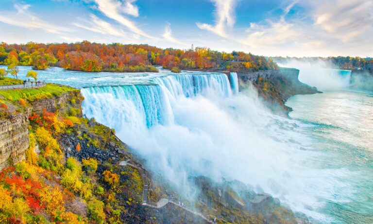 An aerial view looking at Niagara Falls.