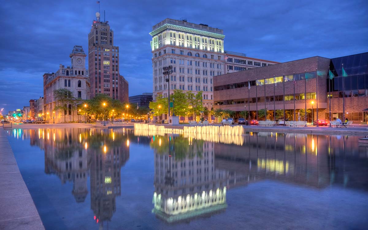 A nighttime view of downtown Syracuse, NY.