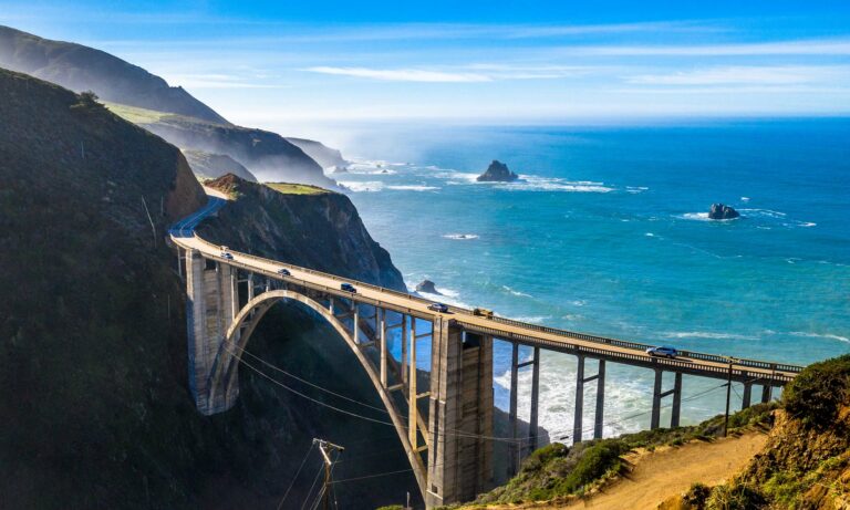 An aerial view of the Bixby Creek Bridge along the Pacific Coast Highway.