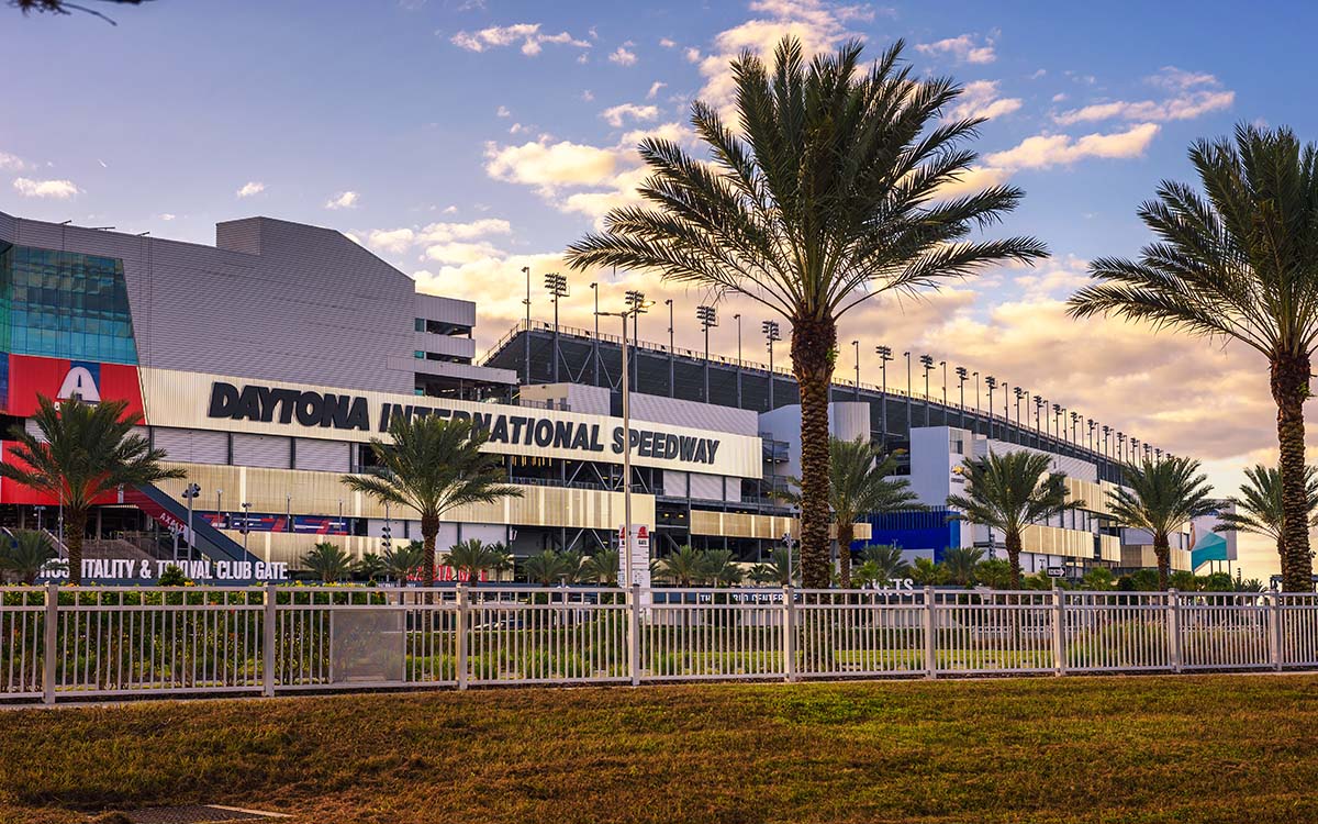 The Daytona International Speedway at dusk.