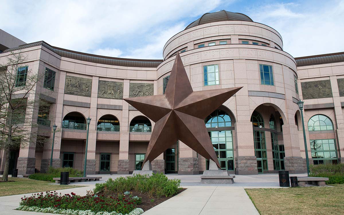 The exterior of the Bullock Texas State History Museum in Austin, Texas.