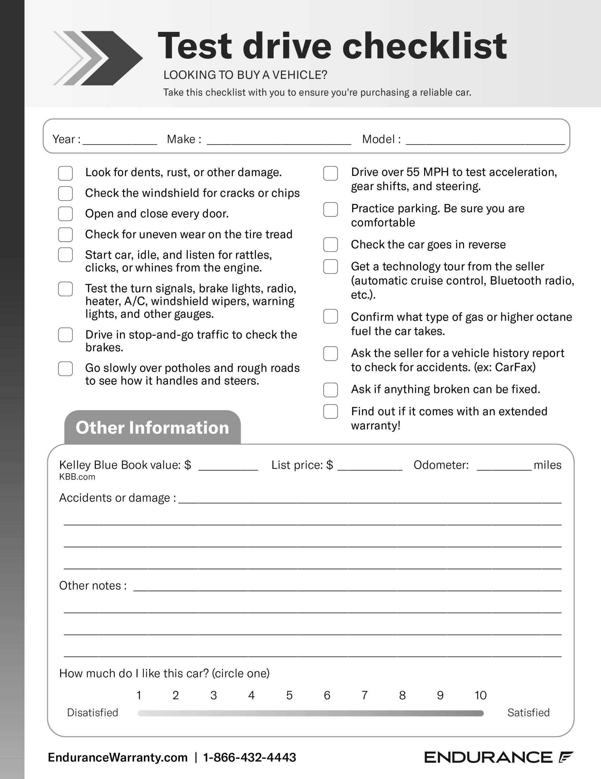 A black & white version of a downloadbale checklist from Endurance warranty to help you make the most of test driving a potentially new vehicle.