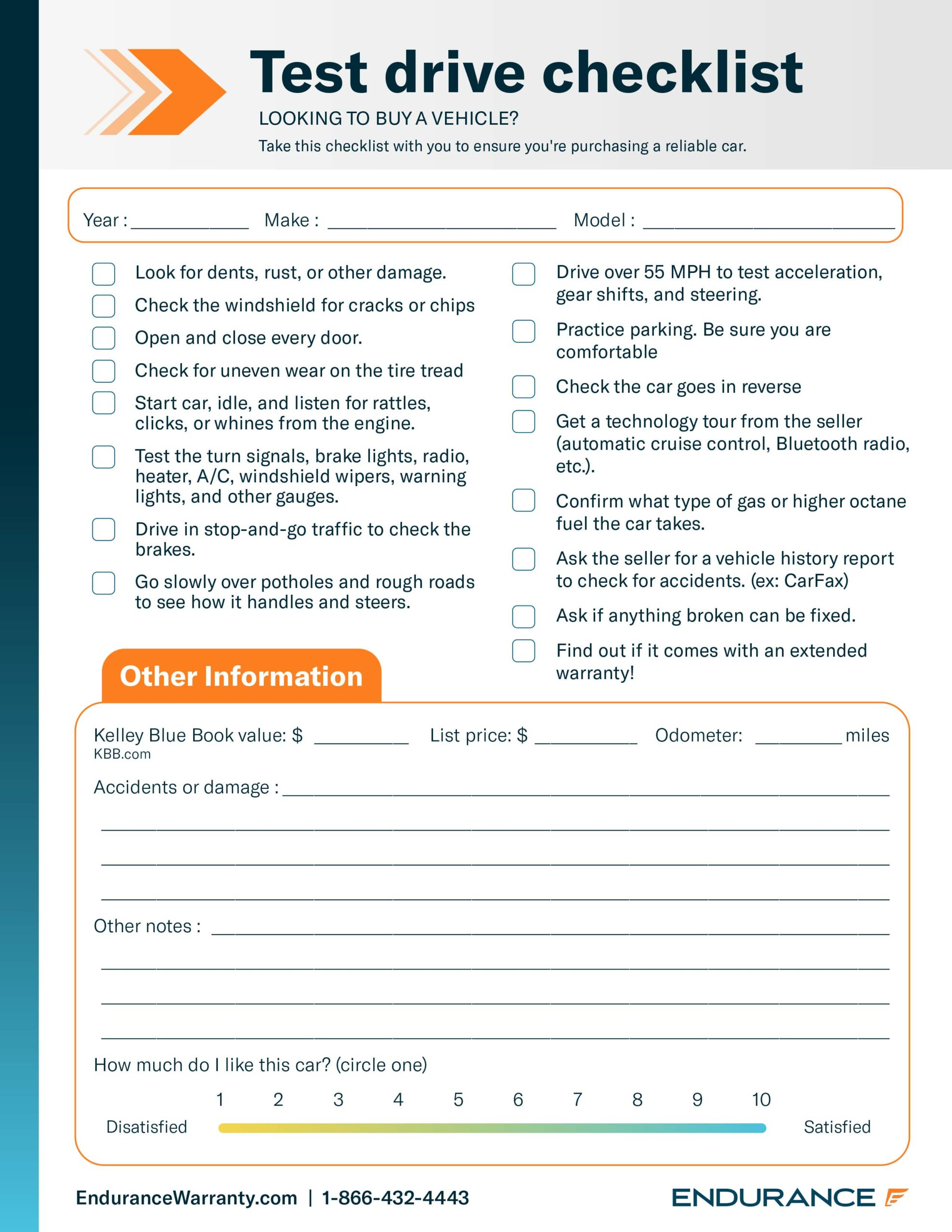 A colored version of a downloadable checklist from Endurance warranty to help you make the most of test driving a potentially new vehicle.