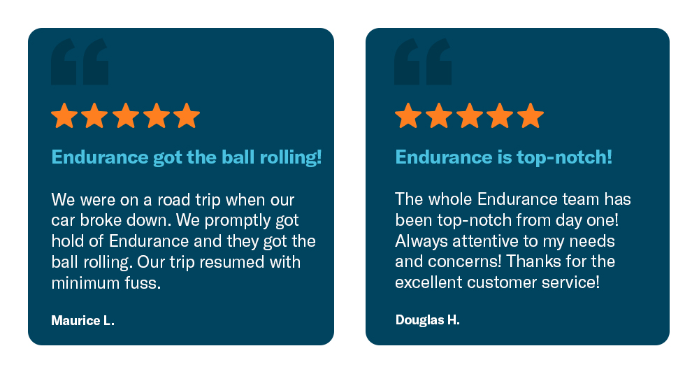Two customer testimonials giving Endurance Warranty "Five Stars" are highlighted, and discuss Endurance's customer service and coverage plans.