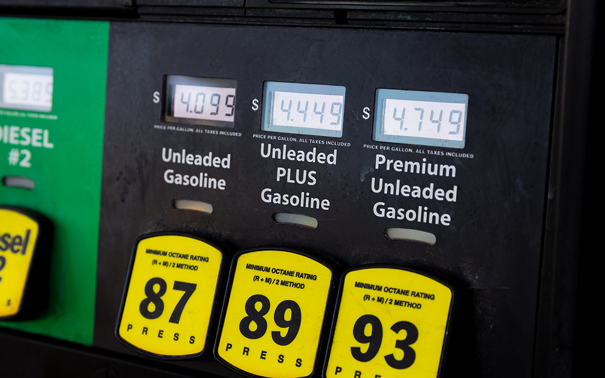 A close up of gas prices at a gas pump.