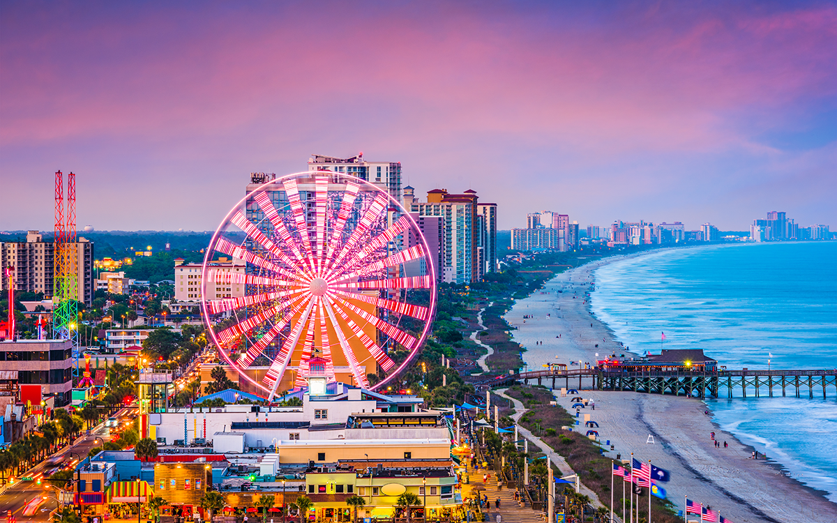 An aerial view of the beachfront in Myrtle Beach, South Carolina.