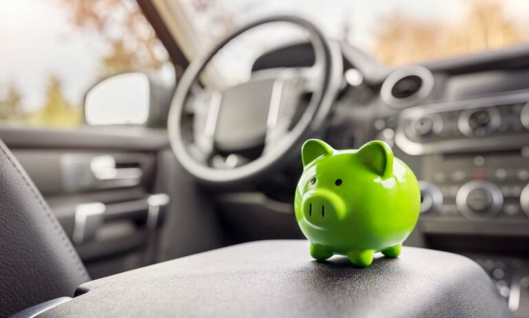 A piggy bank sits on a car's center console.