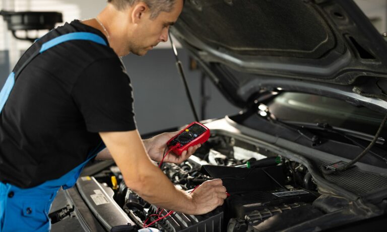 Professional mechanic is working in car service to check engine light