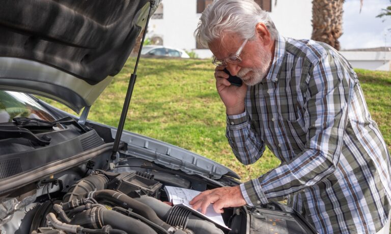 Older man looking under the hood of the car and on the phone, his check engine light is on