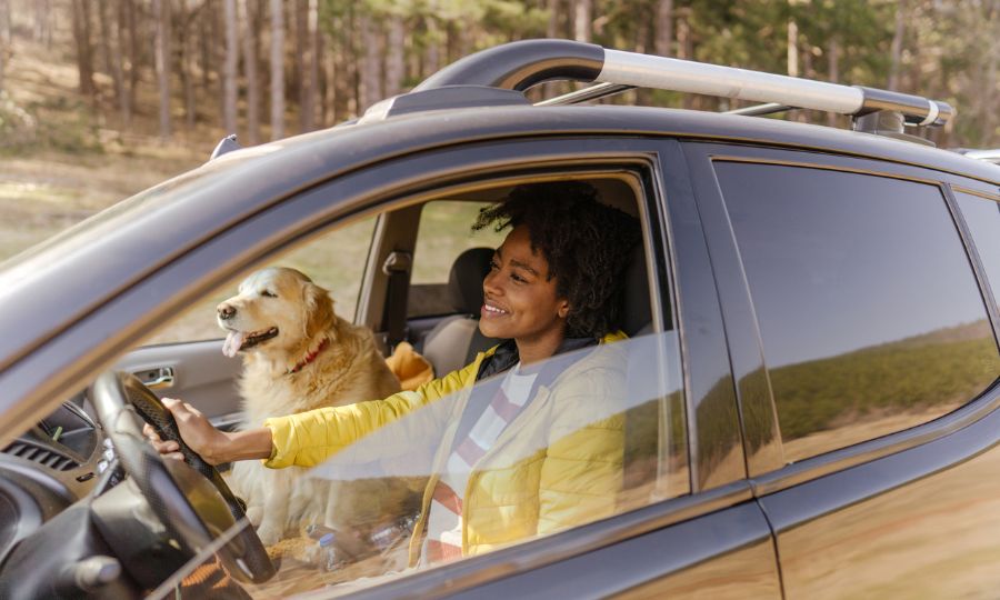 Woman smiling driving a car and her dog is in the passenger seat