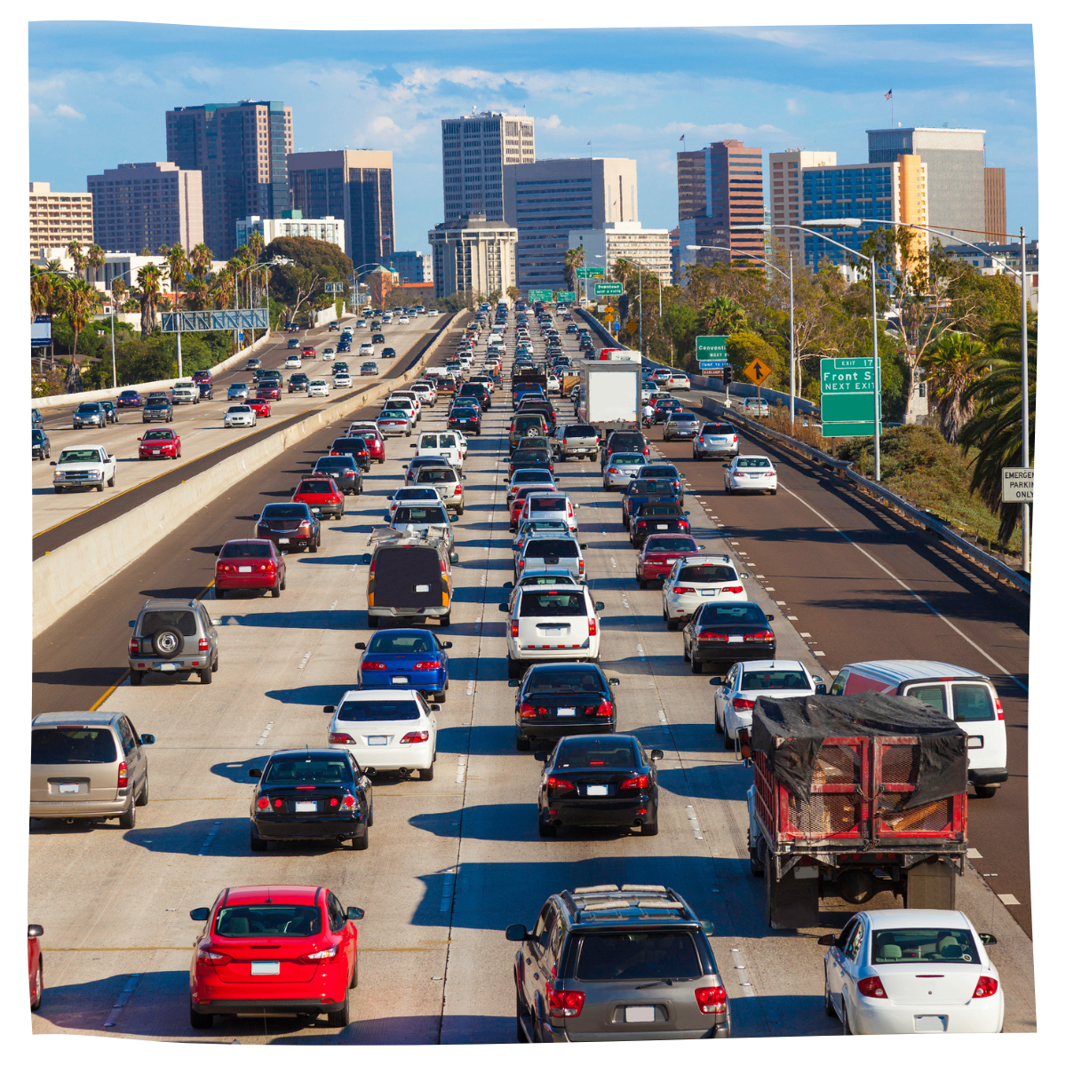 Traffic jam in San Diego with city skyline, CA