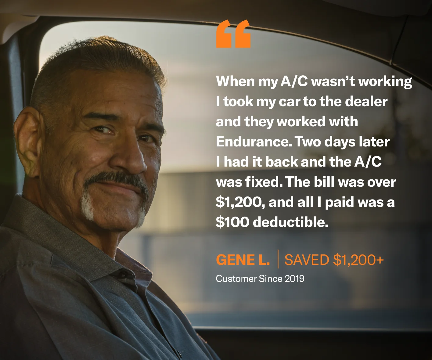 When my A/C wasn't working, I took my car to the dealer and they worked with Endurance. Two days later, I had it back and the A/C was fixed. The bill was over $1,200 and all I paid was a $100 deductible.