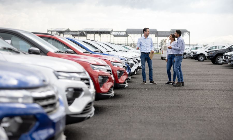 Salesman showing cars to a couple at the dealership